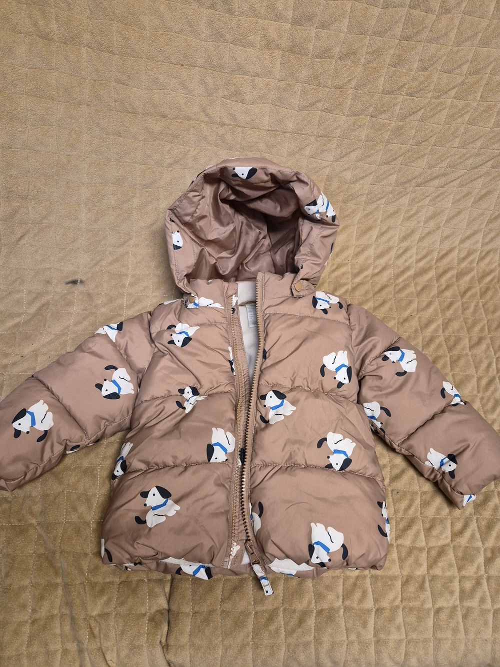 H&M Toddler Tan Hooded Puffer Jacket with Playful Dog Print